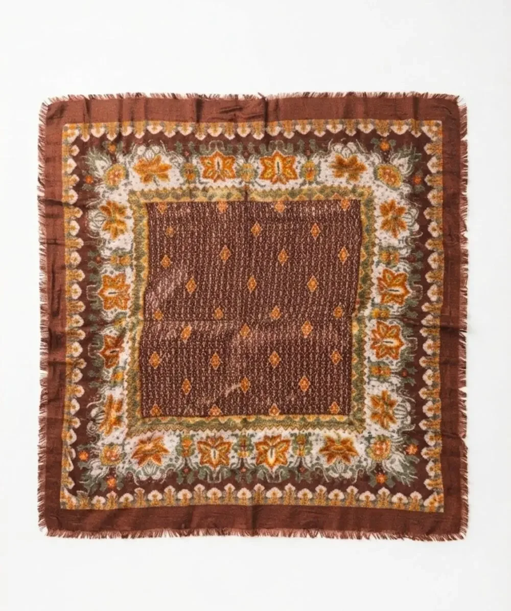 Vintage Brown Orange Fall Floral 100% Rayon Italy Scarf Square